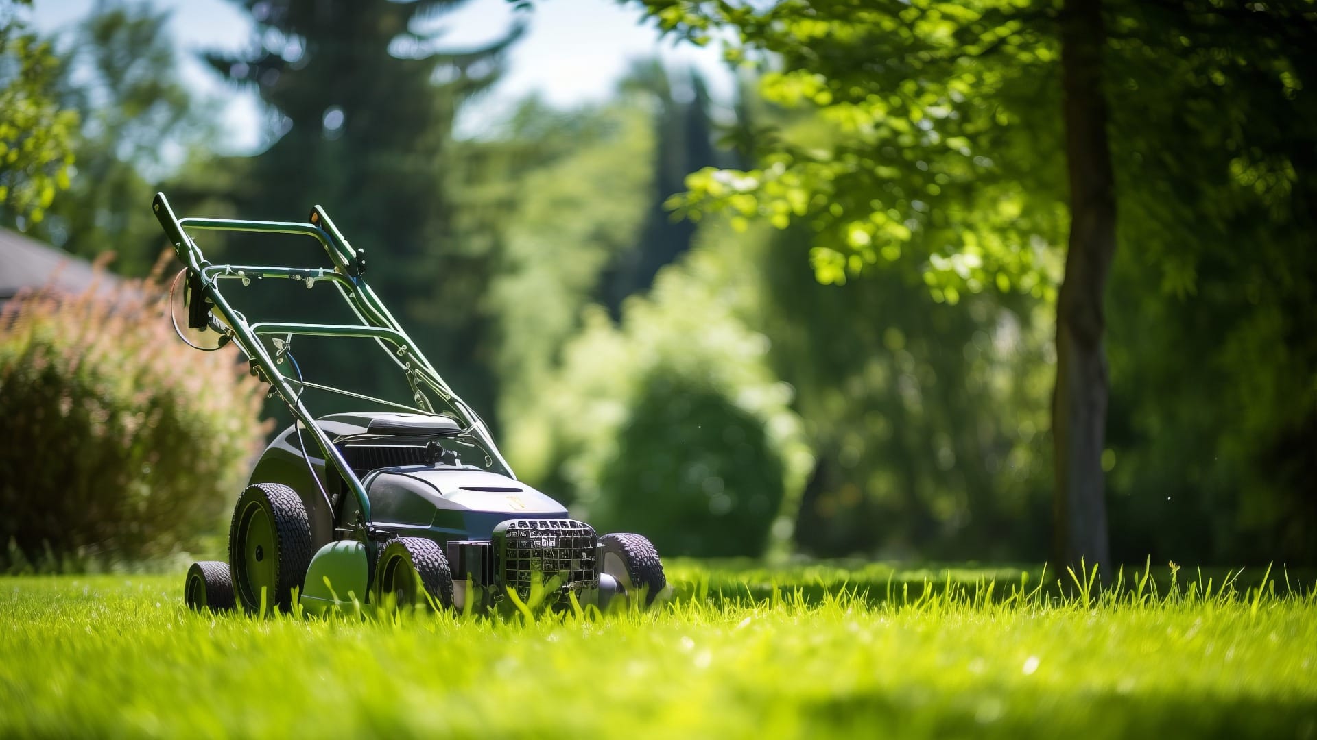 Lawn mowing in a green garden